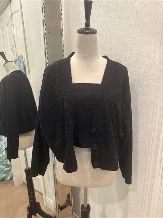 Central Park West Sweaters - Central Park West Black Cropped Button Cardigan with Matching Tank